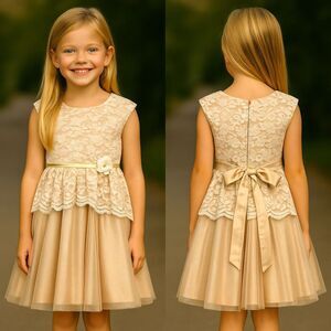 Jona Michelle Girls Gold Lace Tulle Dress Glitter Skirt, Floral Overlay Size 8